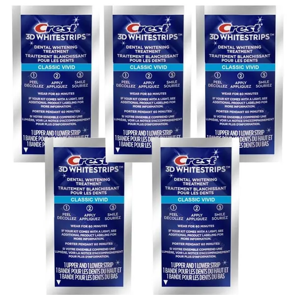 Set 5x Benzi Albirea Dintilor, Crest, 3D White, Classic Vivid, 8% Concentratie, Tratament 5 Zile, 30 min, Nivel Albire 6