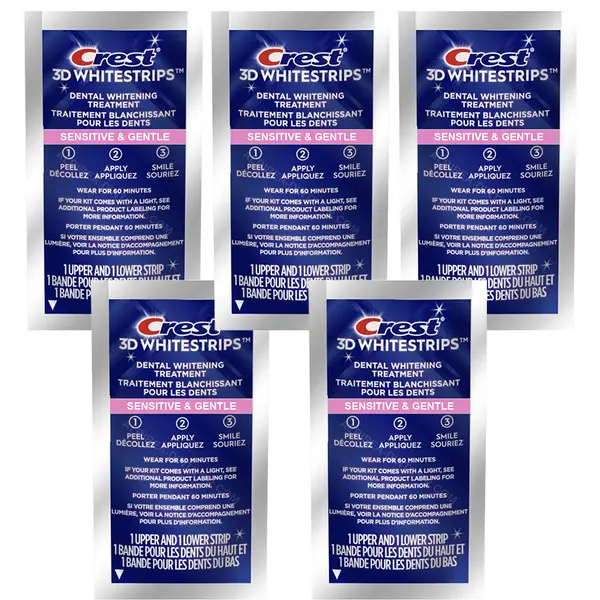 Set 5x Benzi Albirea Dintilor, Crest, 3D White, Sensitive and Gentle, 8% Concentratie, Tratament 5 zile, 30 min, Nivel Albire 10