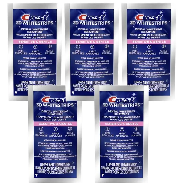 Set 5x Benzi Albirea Dintilor, Crest, 3D White, Sensitive and Gentle, 8% Concentratie, Tratament 5 zile, 30 min, Nivel Albire 10