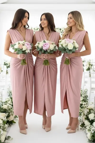 Set 5x Rochie lunga de seara JHOSY, cu paiete, Roz Pudrat, Marime S/M