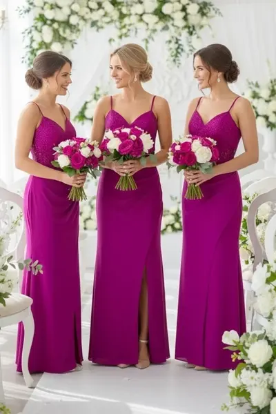Set 5x Rochie lunga de seara Serelya, cu dantela, Magenta, Marimea L
