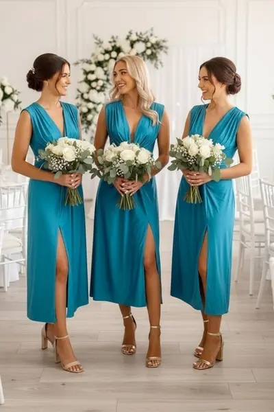 Set 5x Rochie lunga satinata Ilaria, cu crapatura pe picior, Turquoise, Marime S/M
