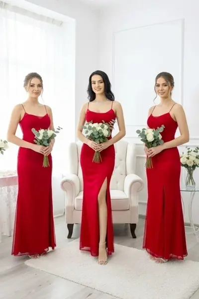 Set 5x Rochie lunga satinata MaryVelle, cu corset, Rosu, Marime S/M