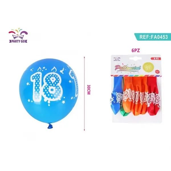 Set 6 Baloane aniversare PartyGo 18 ani, 30cm, imprimate, diverse culori