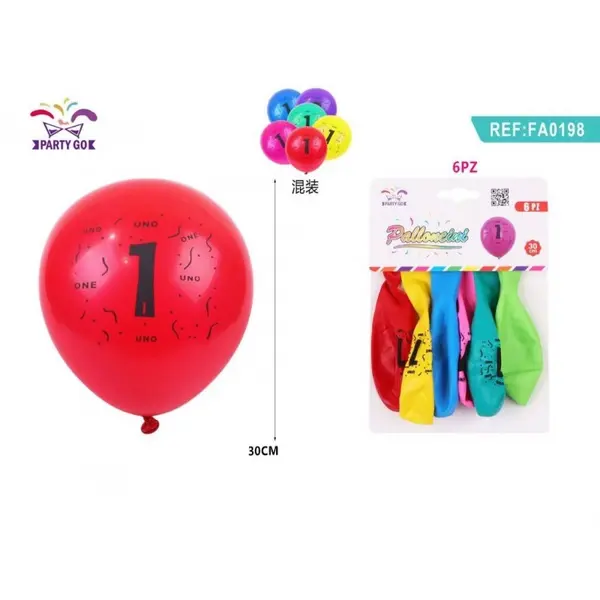 Set 6 Baloane aniversare PartyGo cifra 1, 30cm, imprimate, diverse culori