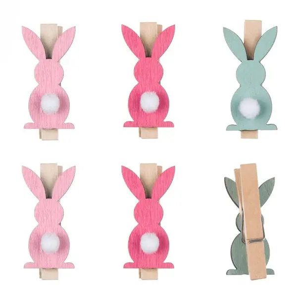 Set 6 carlige din lemn iepurasi in culori pastelate cu pompon,5 cm
