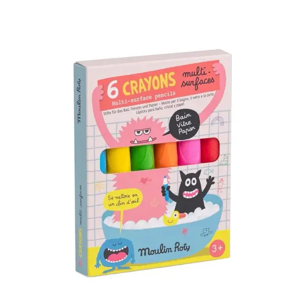 Set 6 creioane multi, suprafete neon, Moulin Roty