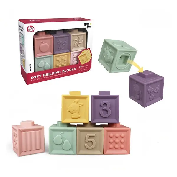 Set 6 cuburi senzoriale moi din silicon pentru bebelusi, interactive, gingivale