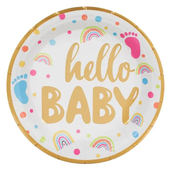 Set 6 Farfurii din Carton pentru Petrecere, cu mesajul Hello baby - 18cm