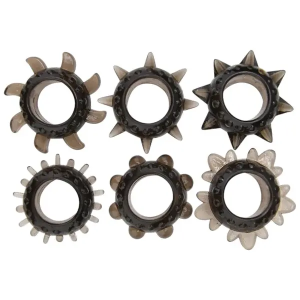 Set 6 inele pentru penis LOVING JOY Textured Rings (6 pack), din TPE, cu texturi variate, culoare negru