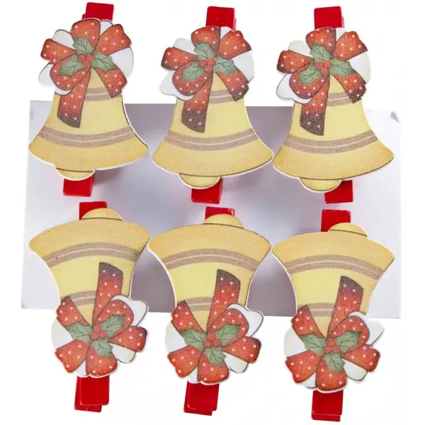 Set 6 mini carlige decorative din lemn,clopotel de craciun,multicolor,3.5cm