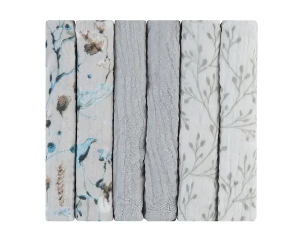 Set 6 mini prosopele KikkaBoo Dreamy Fields Grey 30x30 cm din muselina,tesatura naturala respirabila din bumbac,utilizare multipla,imprimeu vesel
