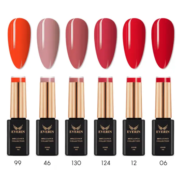 Set 6 Oje Semipermanente Everin Brilliance SB2 - Nuanțe Roșu, Coral și Roz