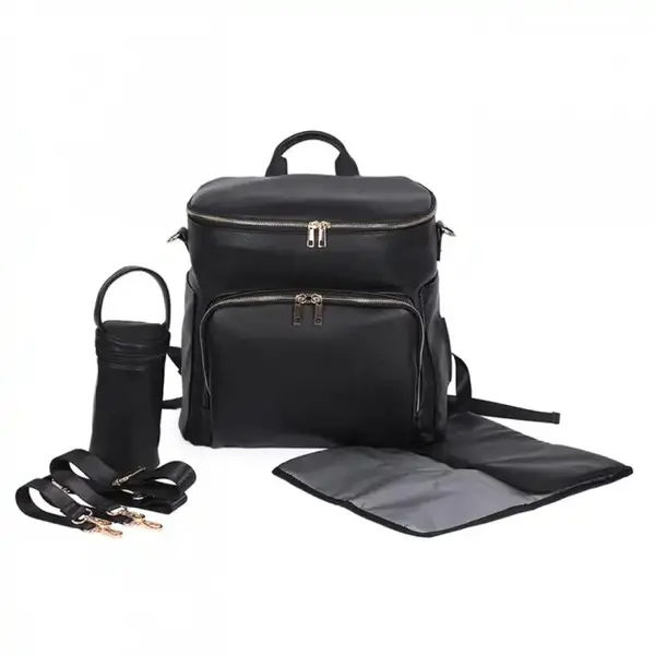 Set 6 piese Rucsac pentru mamici din piele ecologica, geanta cosmetica, salteluta pliabila, bretele pentru atasarea la carucior, curea de umar, suport termoizolant, negru, 3 modalitati de purtare, impermeabil