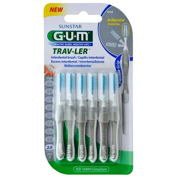 Set 6x Periute Interdentare, GUM, Trav-Ler, pentru Curatare in Profunzime, Tratate cu Clorhexidina, 2.0 mm