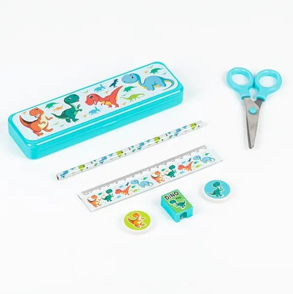 Set 7 piese pentru scoala, Imprimeu Dinozaur, Turcoaz