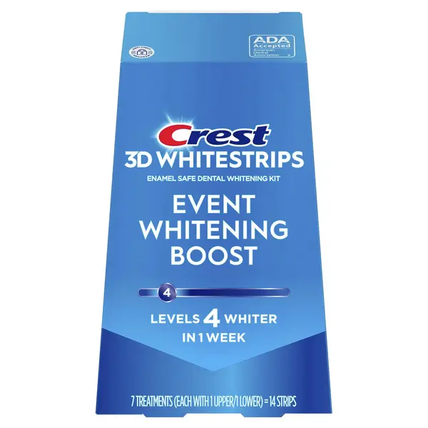 Set 7x Benzi Albirea Dintilor, Crest, 3D White, Event Whitening Boost, 10% Concentratie, Tratament 7 zile, 30 min, Nivel Albire 4