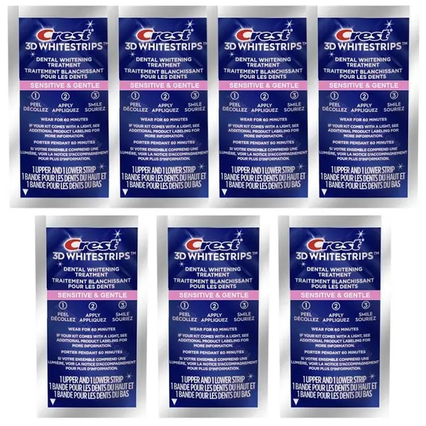 Set 7x Benzi Albirea Dintilor, Crest, 3D White, Sensitive and Gentle, 8% Concentratie, Tratament 7 zile, 30 min, Nivel Albire 10
