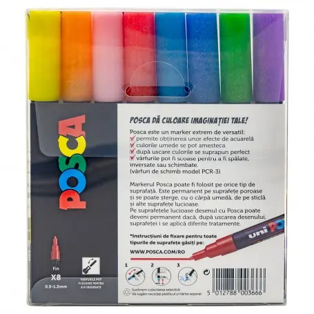 Set 8 markere cu vopsea cu sclipici Posca PC-3ML cu varf rotund 0.9-1.3mm