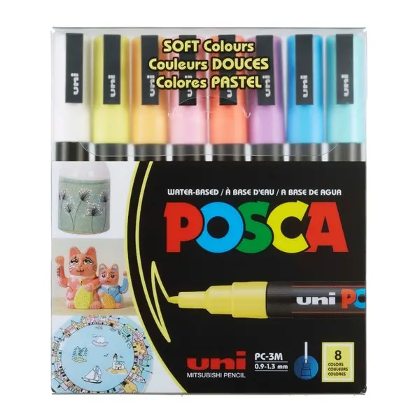Set 8 markere cu vopsea Posca PC-3M varf fin 0.9-1.3mm, culori pastel