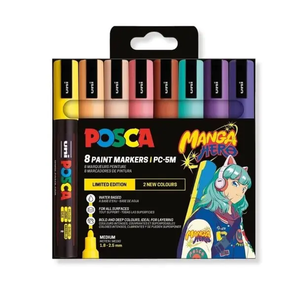 Set 8 markere cu vopsea Posca PC-5M varf rotund 1.8-2.5mm, editie Manga Hero