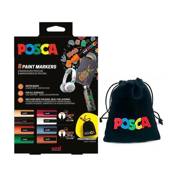 Set 8 markere POSCA cu 2 tipuri de varf , PC-5M PC-3M + saculet logo POSCA
