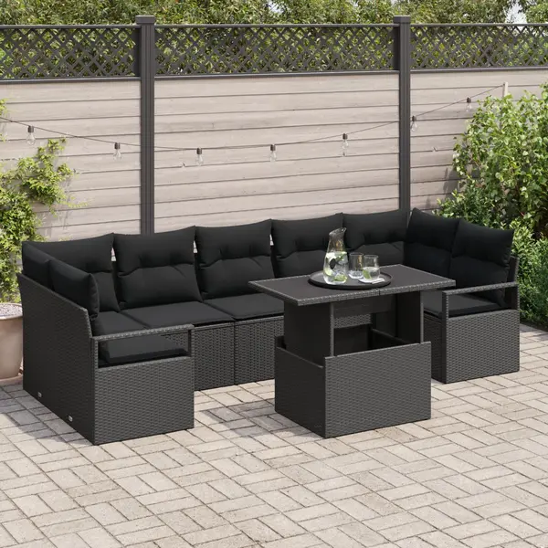 Set 8 piese canapea gradina cu perne negru ratan poli, canapea gradina 2 locuri cu spatiu depozitare & perne negru ratan poli