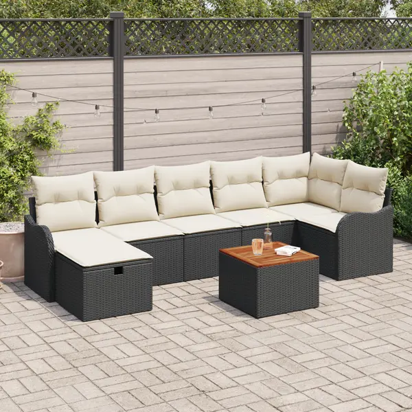 Set 8 piese canapea gradina perne negru poli ratan, canapea gradina 2 locuri perne negru poli ratan