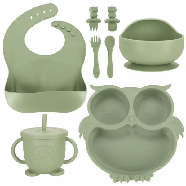 Set 8 piese diversificare hrana bebelusi, Ikonka, din silicon alimentar, durabile si flexibile, Bol si farfurie cu ventuze, tacamuri, Cana cu pai, model Green Owl