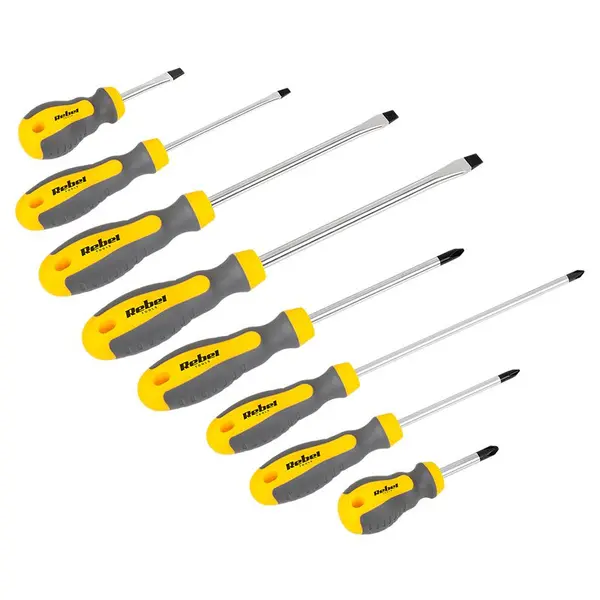 Set 8 șurubelnițe plate și în cruce, crom-vanadiu, mâner ergonomic, Rebel Tools RB-1100