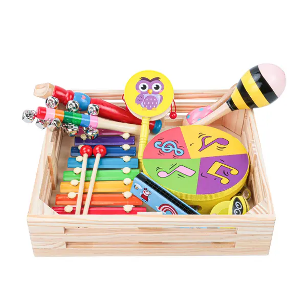 Set 9 instrumente muzicale din lemn pentru copii