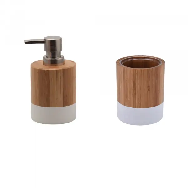 Set accesorii din bambus pentru baie, dozator sapun lichid si pahar, alb natur