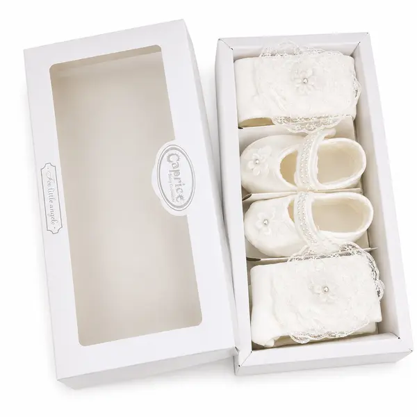 Set Alb Fetițe 3 Piese – Botoșei, Bentiță și Dresuri Elegante - Modelul Iris
