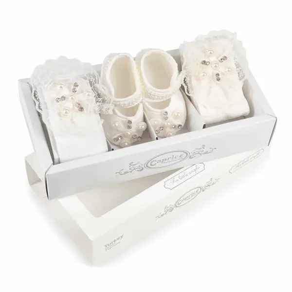 Set Alb Fetițe 3 Piese – Botoșei, Bentiță și Dresuri Elegante - Modelul Star