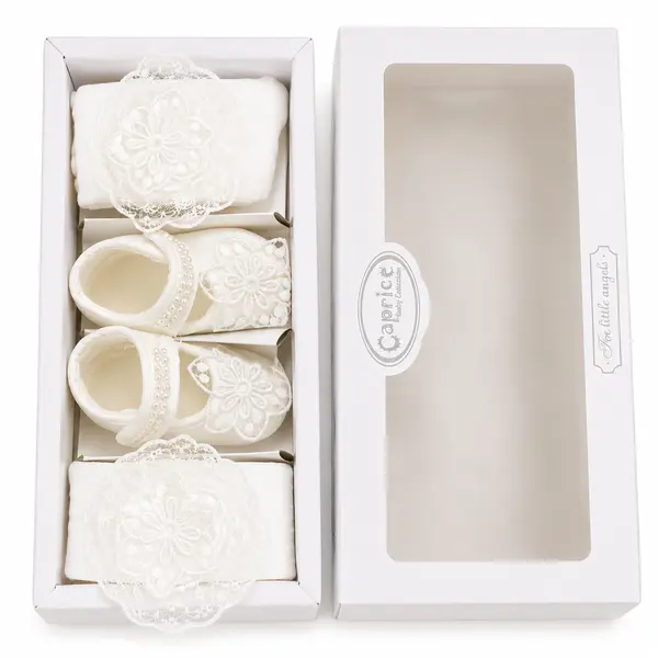 Set Alb Fetițe 3 Piese – Botoșei, Bentiță și Dresuri Elegante - Modelul Bloom