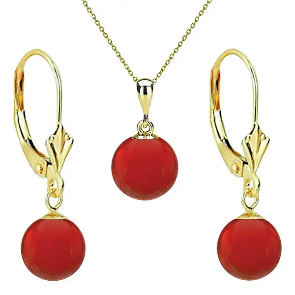 Set Aur 14 karate, Colier cu Pandantiv si Cercei Model Lalea cu Pietre Semipretioase Naturale de Carneol de 8 mm