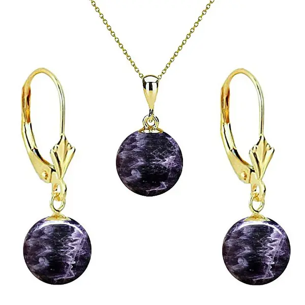 Set Aur 14 karate, Colier cu Pandantiv si Cercei Model Lalea cu Pietre Semipretioase Naturale de Ametist de 10 mm