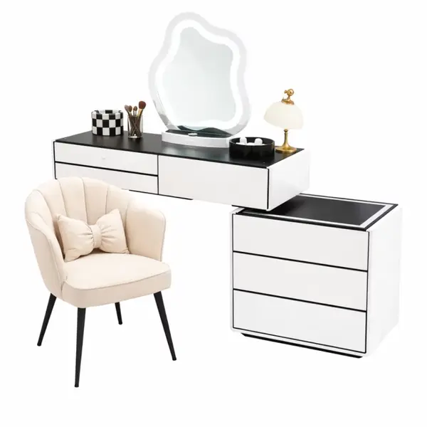 Set AURORA & PEARL – măsuță de machiaj cu oglindă LED și scaun confortabil 80x40x120