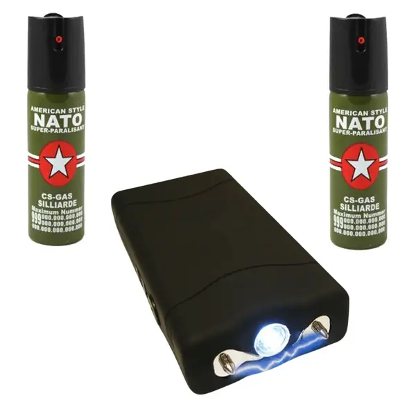 Set autoaparare DEPOX , electrosoc TW 800 si 2 spray-uri paralizante 60ml