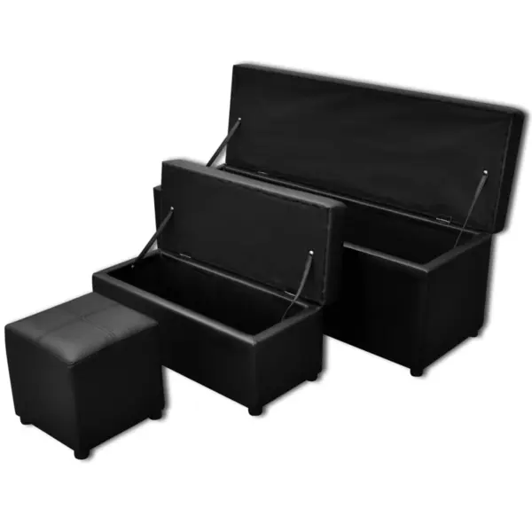 Set bancheta depozitare, piele eco, taburet pt. picioare, negru, 3 buc