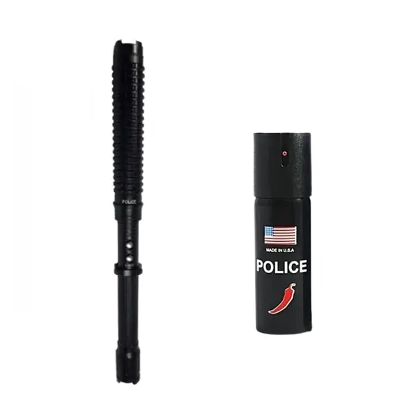Set baston electrosoc extensibil X10 si spray paralizant cu chili, DEPOX 49 cm 60 ml