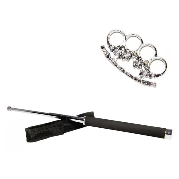 Set baston telescopic 65 cm argintiu + pumnal box craniu argintiu