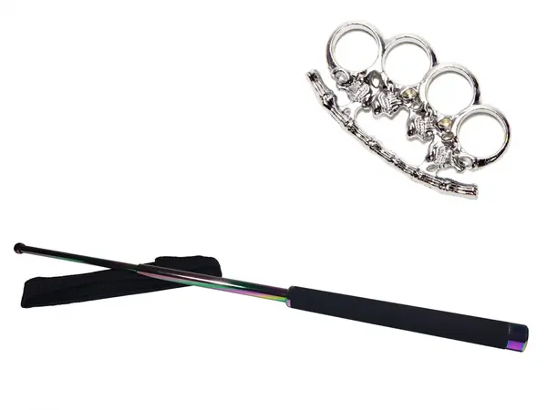 Set baston telescopic 66 cm si pumnal box craniu argintiu