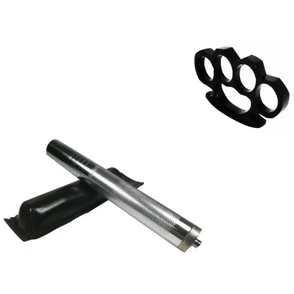 Set baston telescopic din otel, argintiu, 64 cm si box negru 0.5 cm grosime