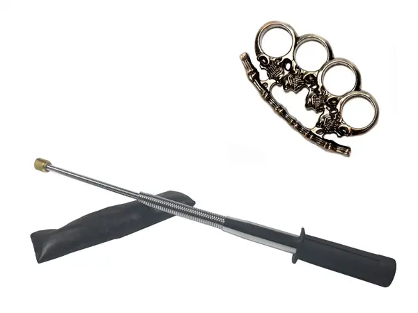 Set baston telescopic flexibil argintiu, maner cauciuc, 47 cm si pumnal craniu