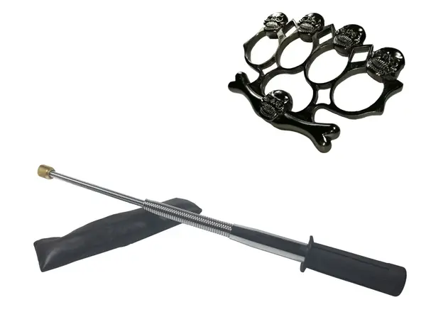 Set baston telescopic flexibil argintiu, maner cauciuc, 47 cm si box,rozeta craniu negru
