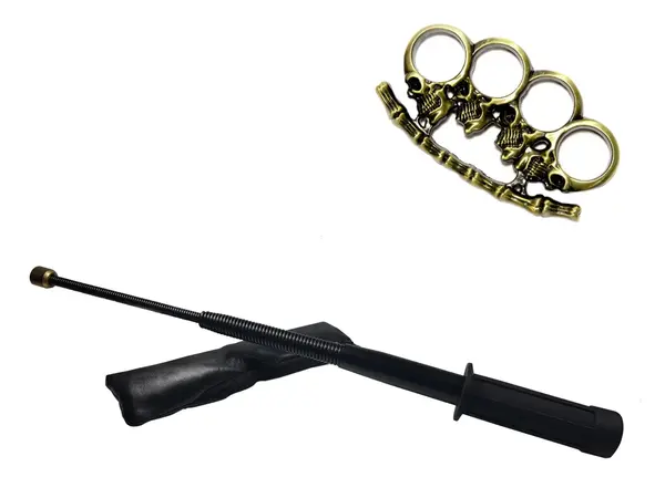 Set baston telescopic flexibil negru maner tip tonfa 47 cm + pumnal box crani