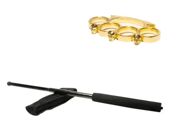 Set baston telescopic negru 64 cm si box craniu auriu
