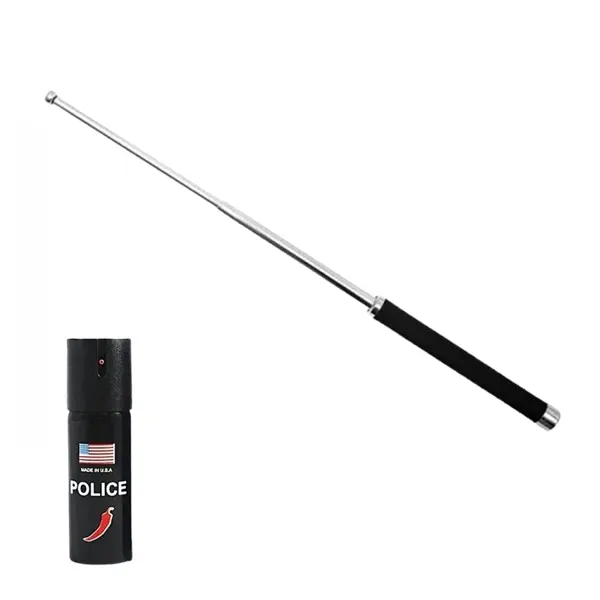Set baston telescopic pliabil si spray paralizant chili, DEPOX , 51 cm 60 ml, maner antiderapant, argintiu