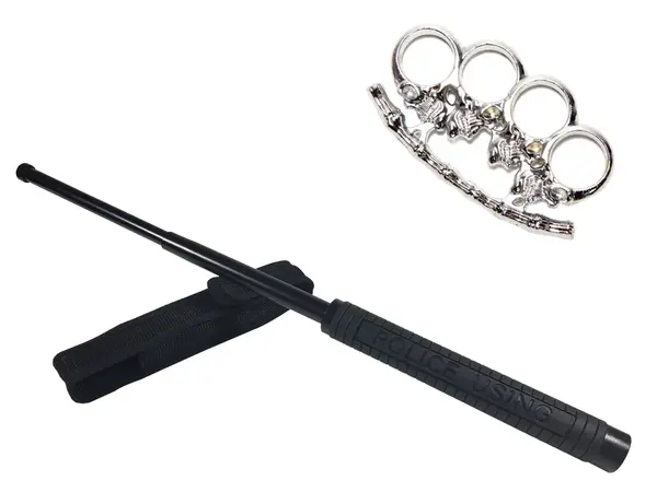 Set baston telescopic Police, 49 cm + pumnal box craniu argintiu